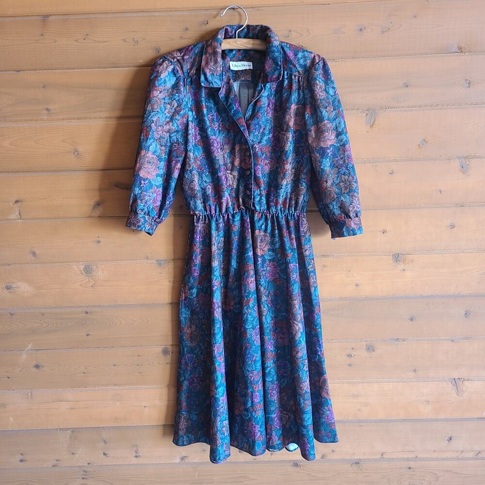 Vintage Dress Floral 80's Fit Flare Midi Tapestry Jewel Tone Fall Dark Acadamia - Picture 1 of 6